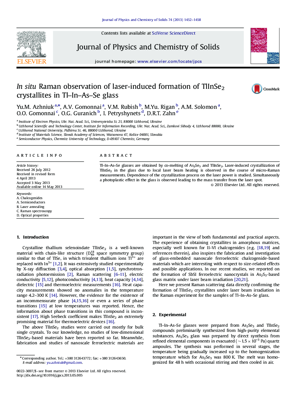 In situ Raman observation of laser-induced formation of TlInSe2 crystallites in Tl–In–As–Se glass