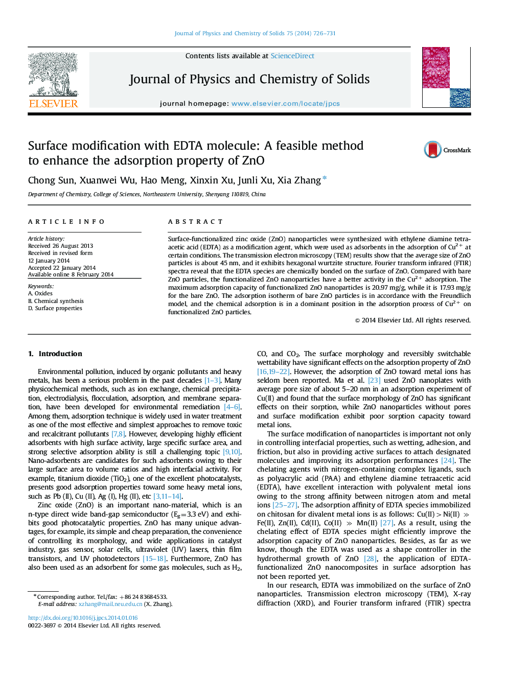 Surface modification with EDTA molecule: A feasible method to enhance the adsorption property of ZnO