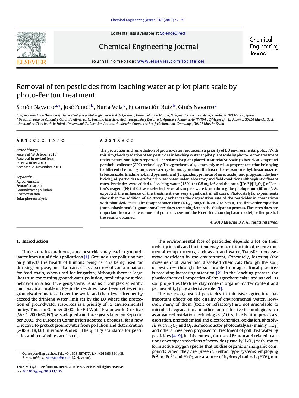 Removal of ten pesticides from leaching water at pilot plant scale by photo-Fenton treatment