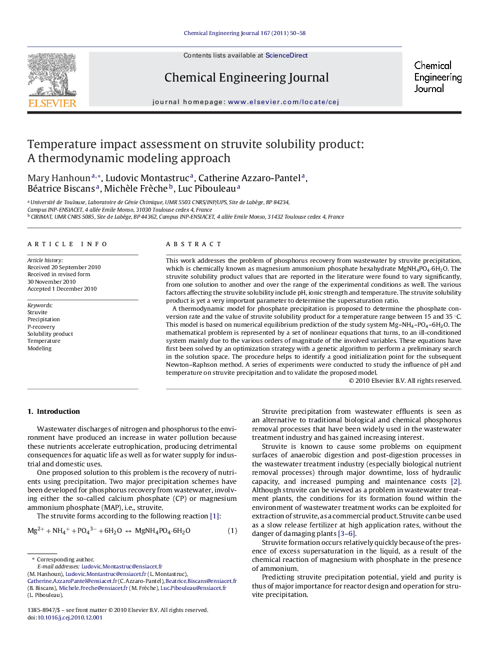 Temperature impact assessment on struvite solubility product: A thermodynamic modeling approach