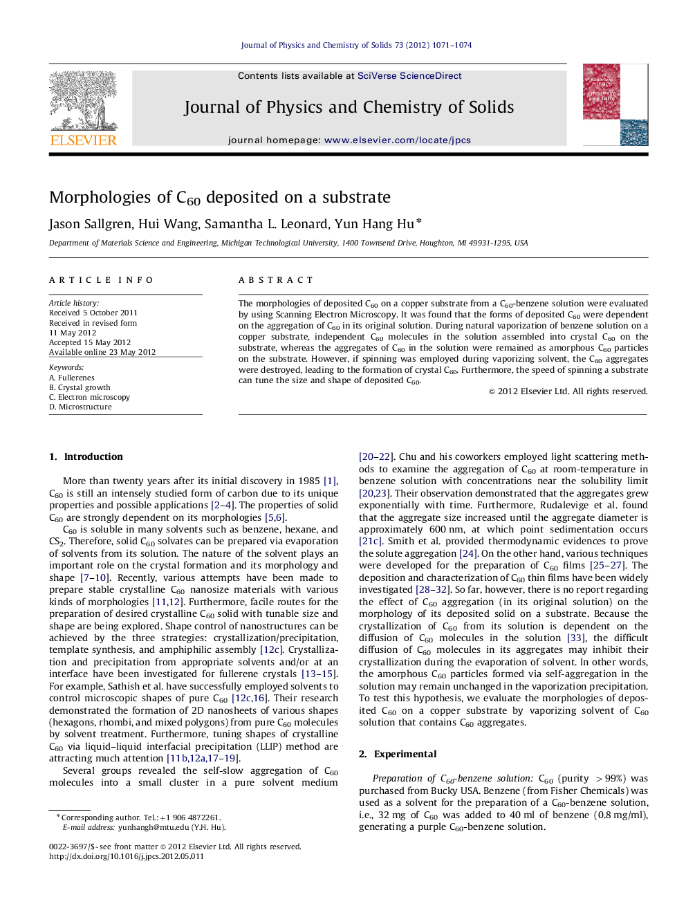 Morphologies of C60 deposited on a substrate