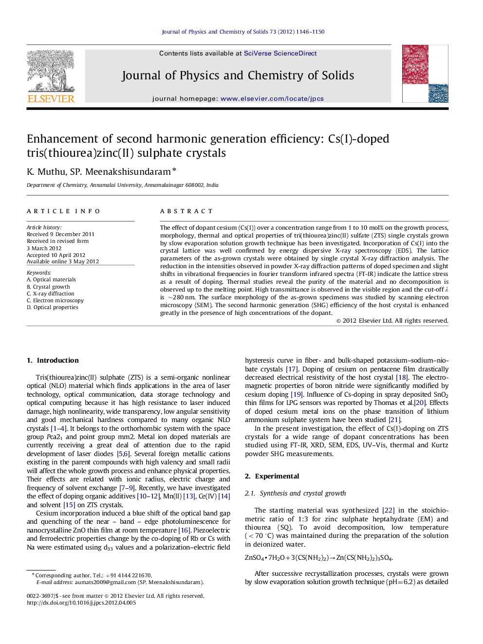 Enhancement of second harmonic generation efficiency: Cs(I)-doped tris(thiourea)zinc(II) sulphate crystals