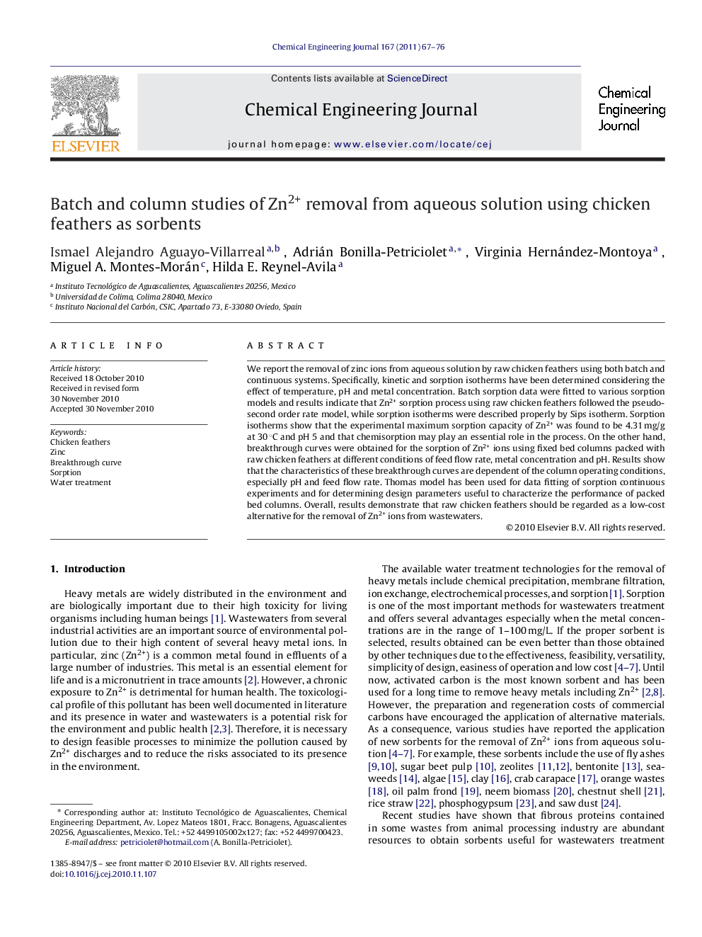 Batch and column studies of Zn2+ removal from aqueous solution using chicken feathers as sorbents