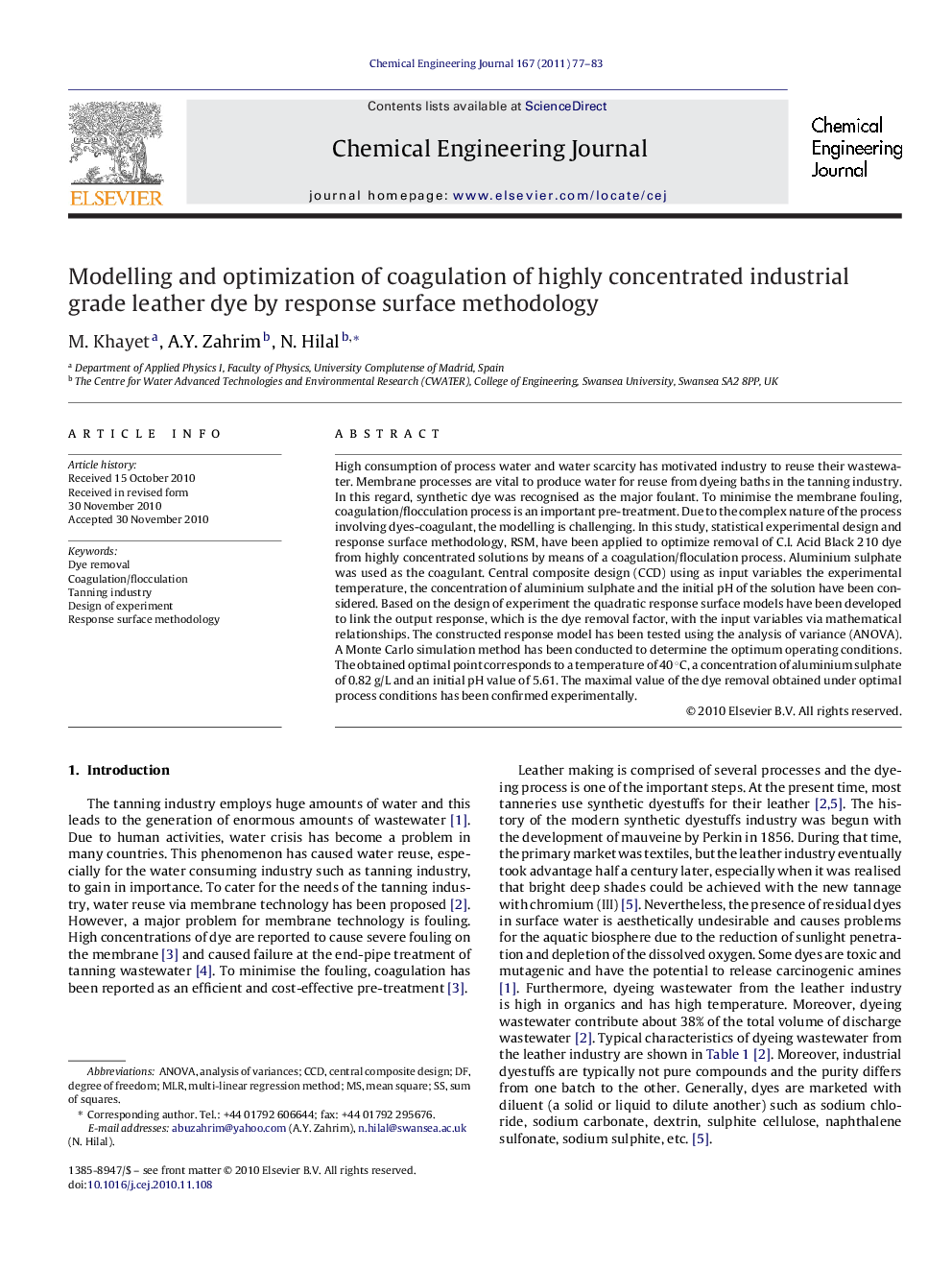 Modelling and optimization of coagulation of highly concentrated industrial grade leather dye by response surface methodology