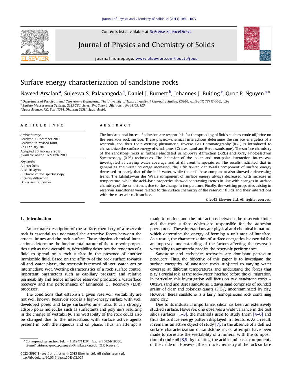 Surface energy characterization of sandstone rocks