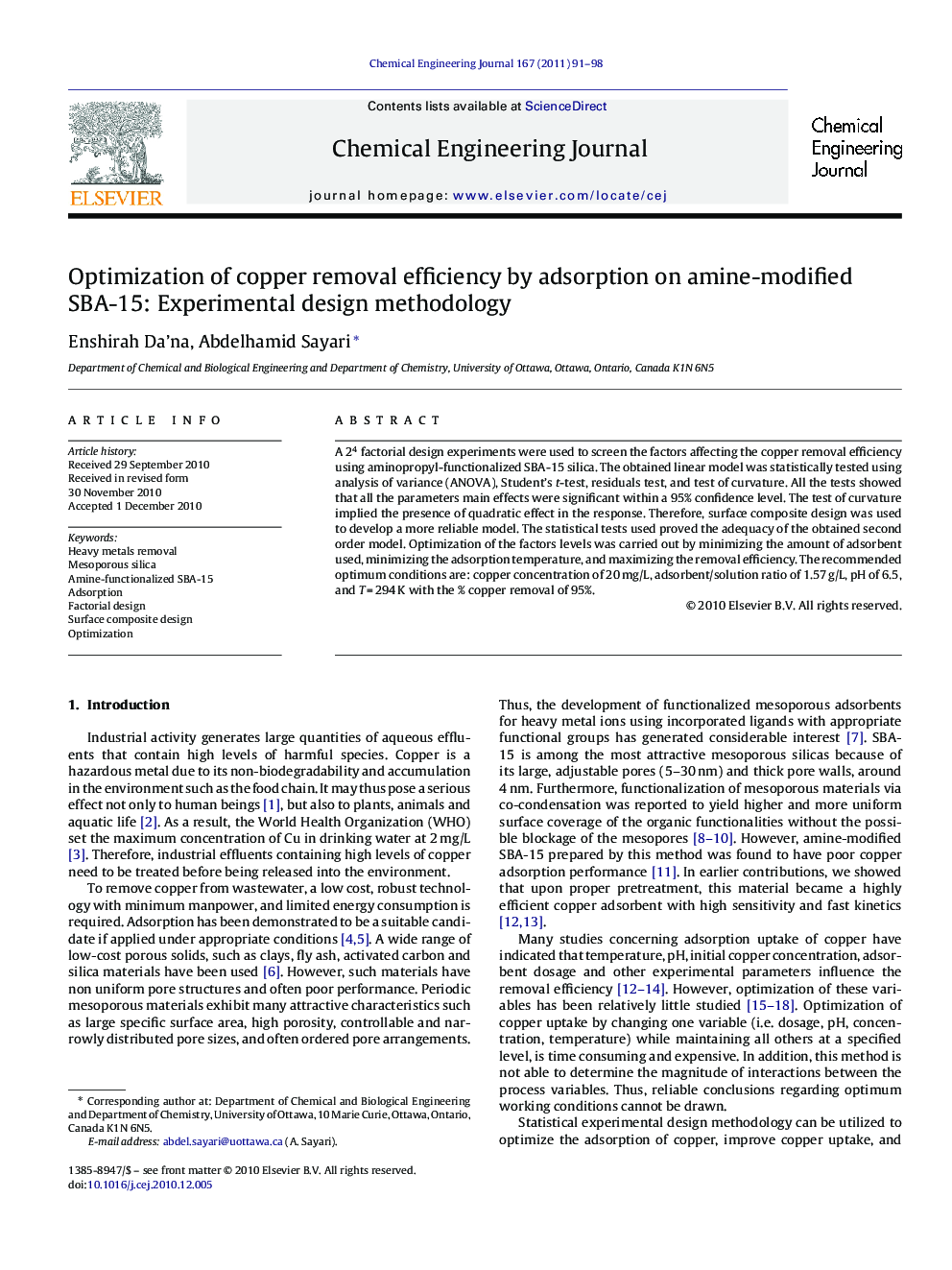 Optimization of copper removal efficiency by adsorption on amine-modified SBA-15: Experimental design methodology