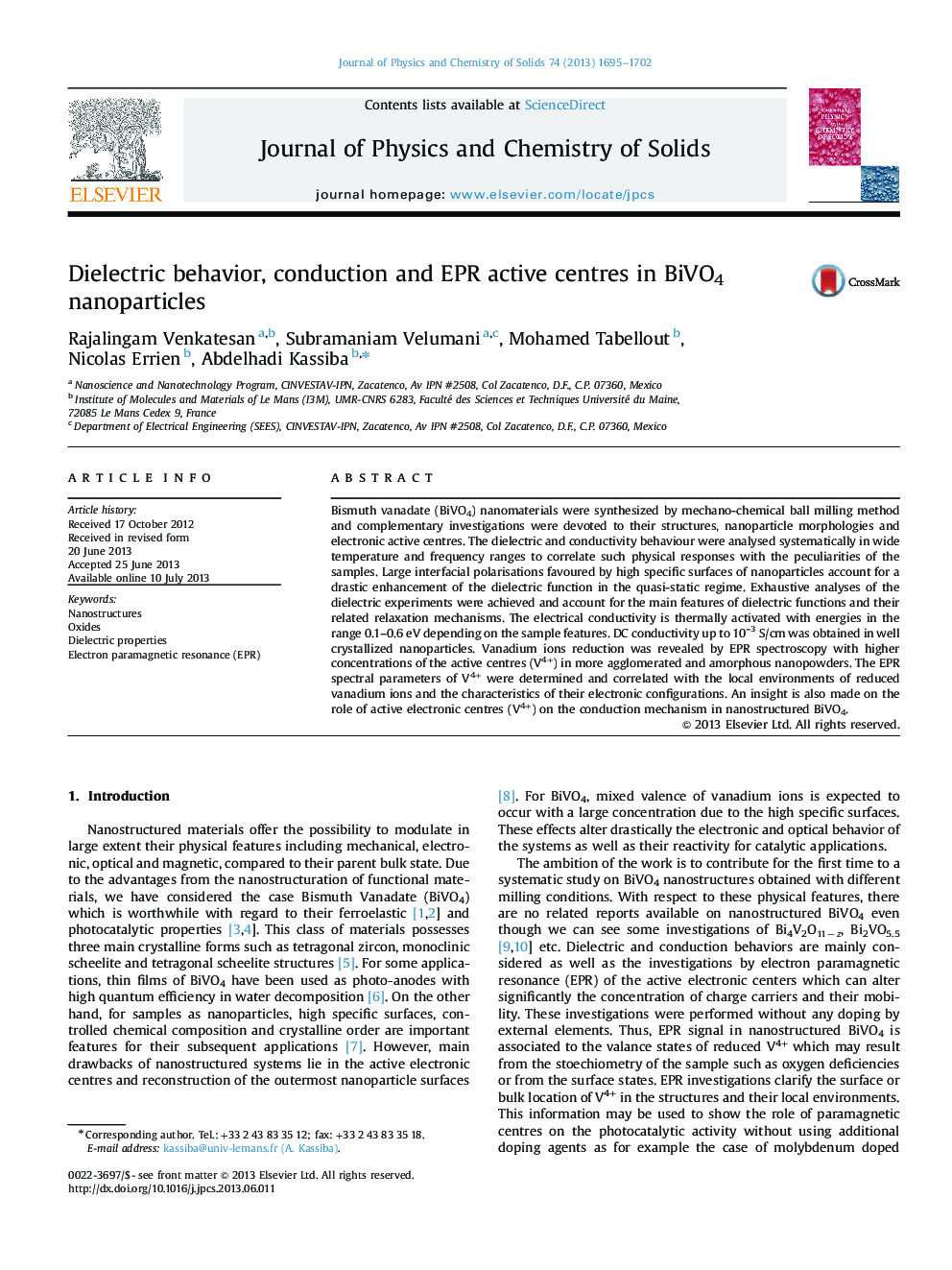 Dielectric behavior, conduction and EPR active centres in BiVO4 nanoparticles