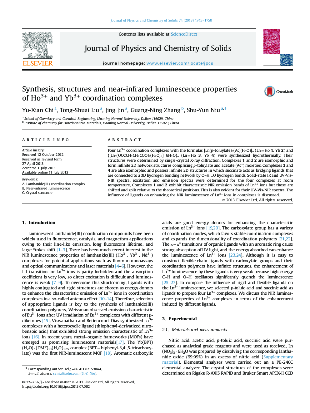 Synthesis, structures and near-infrared luminescence properties of Ho3+ and Yb3+ coordination complexes