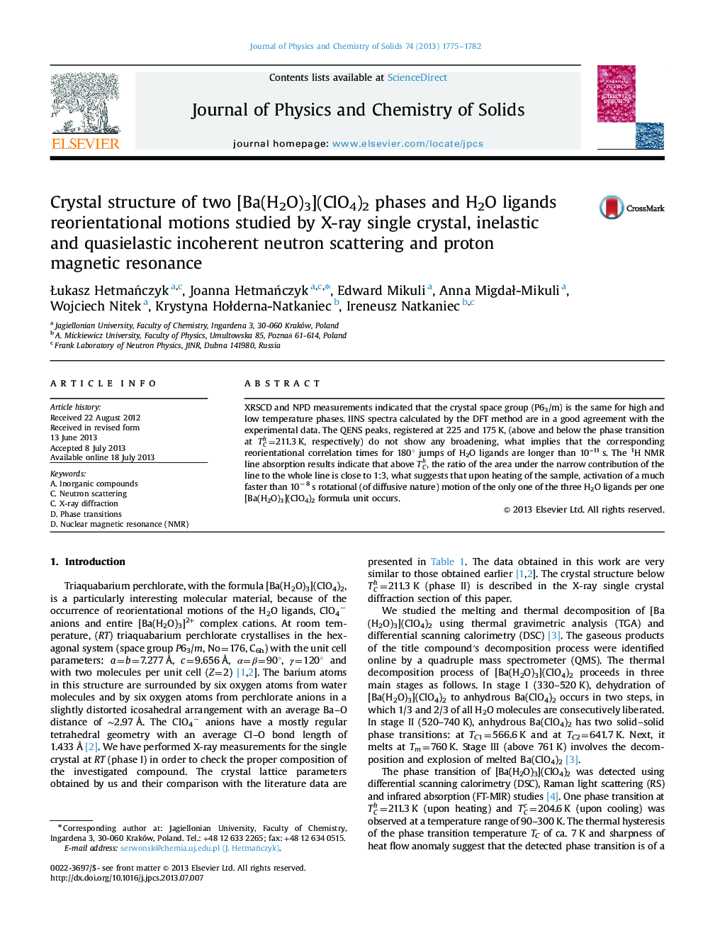 Crystal structure of two [Ba(H2O)3](ClO4)2 phases and H2O ligands reorientational motions studied by X-ray single crystal, inelastic and quasielastic incoherent neutron scattering and proton magnetic resonance