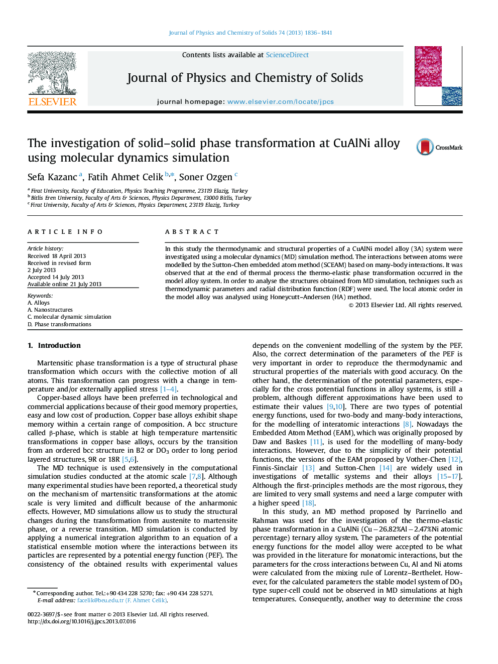 The investigation of solid–solid phase transformation at CuAlNi alloy using molecular dynamics simulation