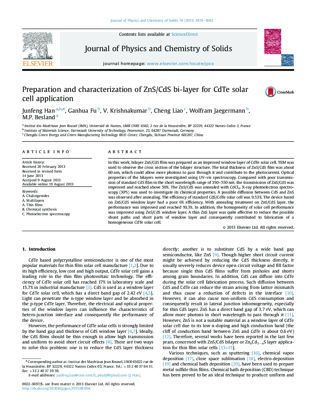 Preparation and characterization of ZnS/CdS bi-layer for CdTe solar cell application