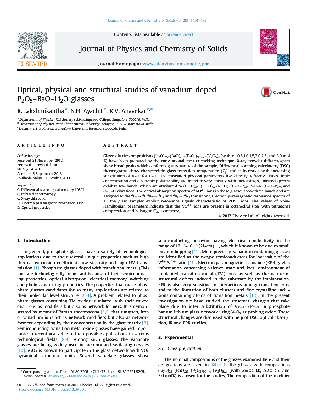 Optical, physical and structural studies of vanadium doped P2O5–BaO–Li2O glasses