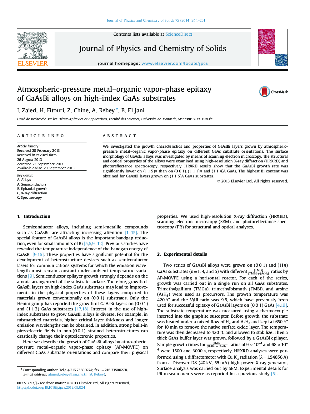 Atmospheric-pressure metal–organic vapor-phase epitaxy of GaAsBi alloys on high-index GaAs substrates