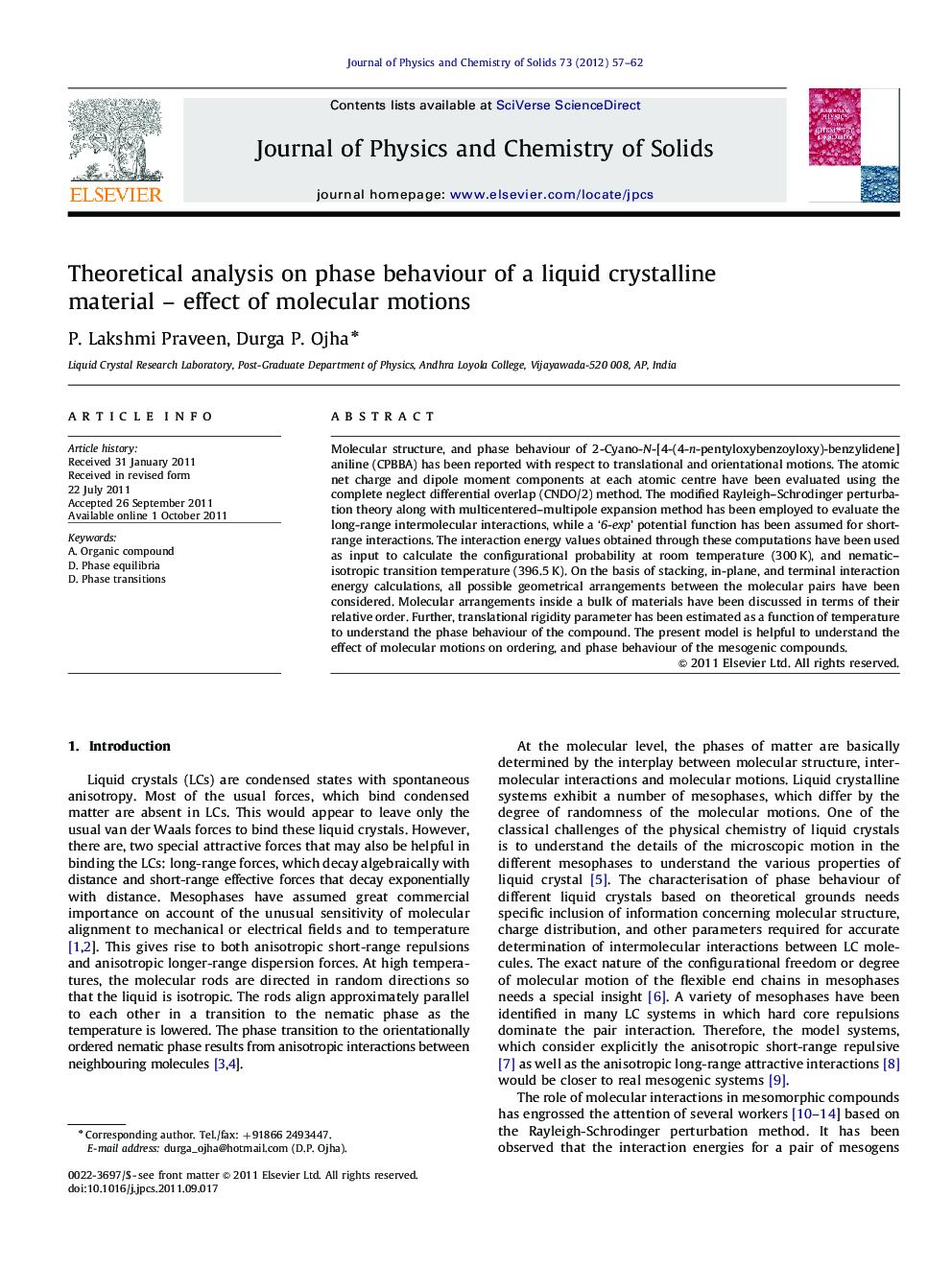 Theoretical analysis on phase behaviour of a liquid crystalline material - effect of molecular motions