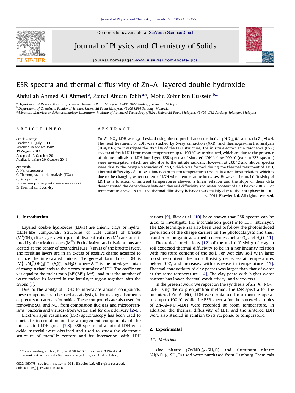 ESR spectra and thermal diffusivity of Zn-Al layered double hydroxide