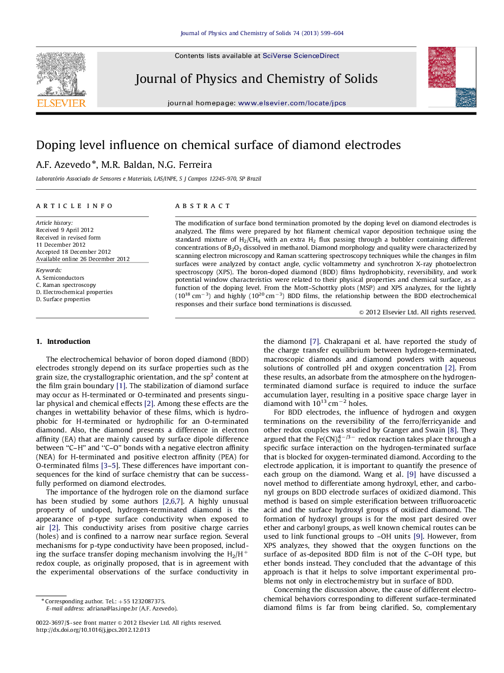 Doping level influence on chemical surface of diamond electrodes