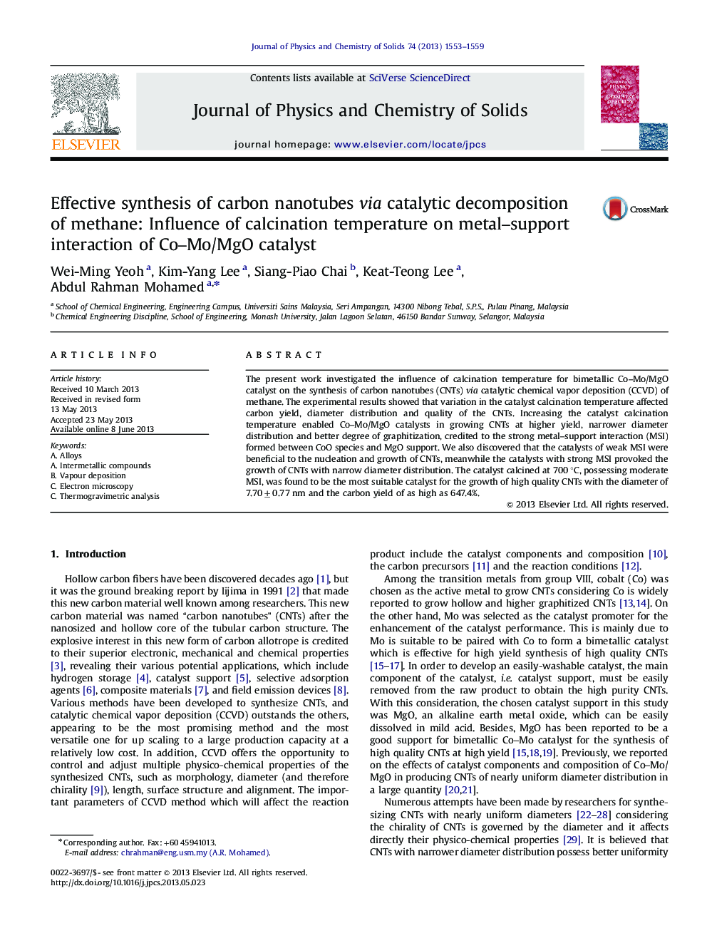 Effective synthesis of carbon nanotubes via catalytic decomposition of methane: Influence of calcination temperature on metal–support interaction of Co–Mo/MgO catalyst