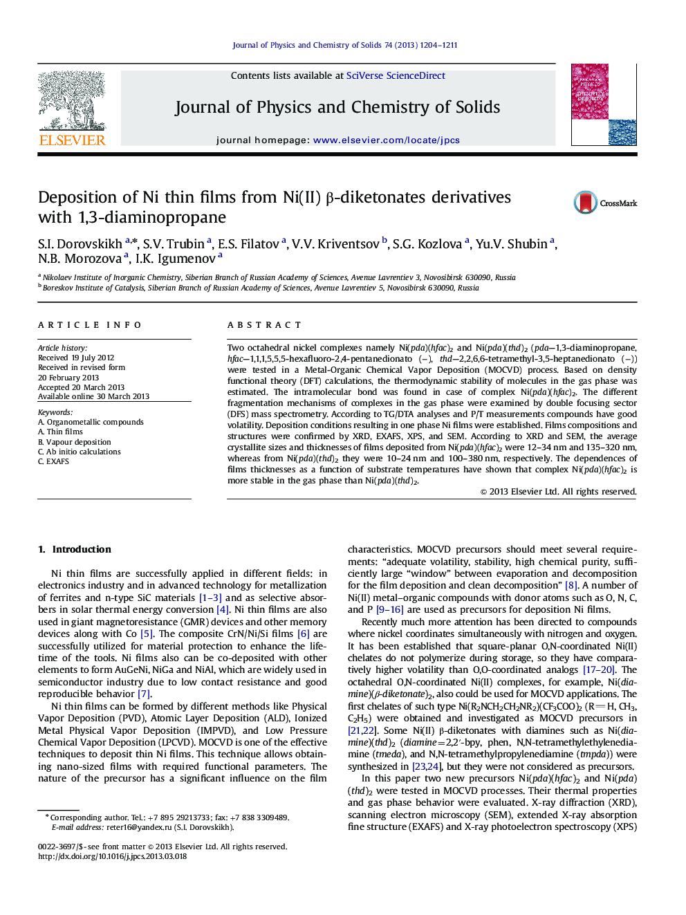 Deposition of Ni thin films from Ni(II) β-diketonates derivatives with 1,3-diaminopropane