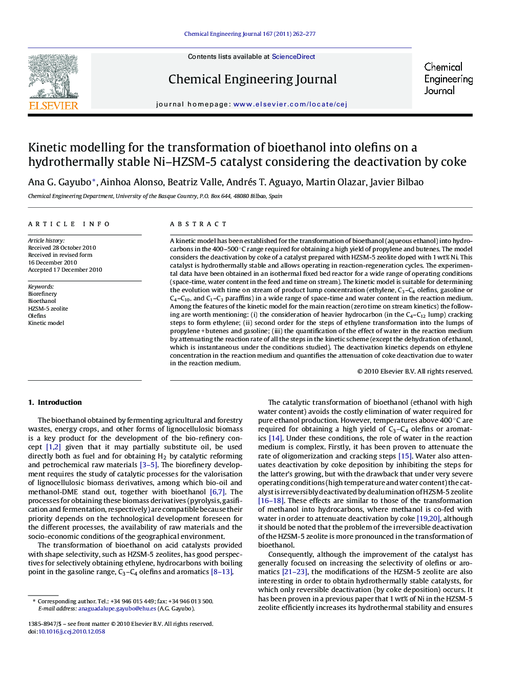 Kinetic modelling for the transformation of bioethanol into olefins on a hydrothermally stable Ni–HZSM-5 catalyst considering the deactivation by coke