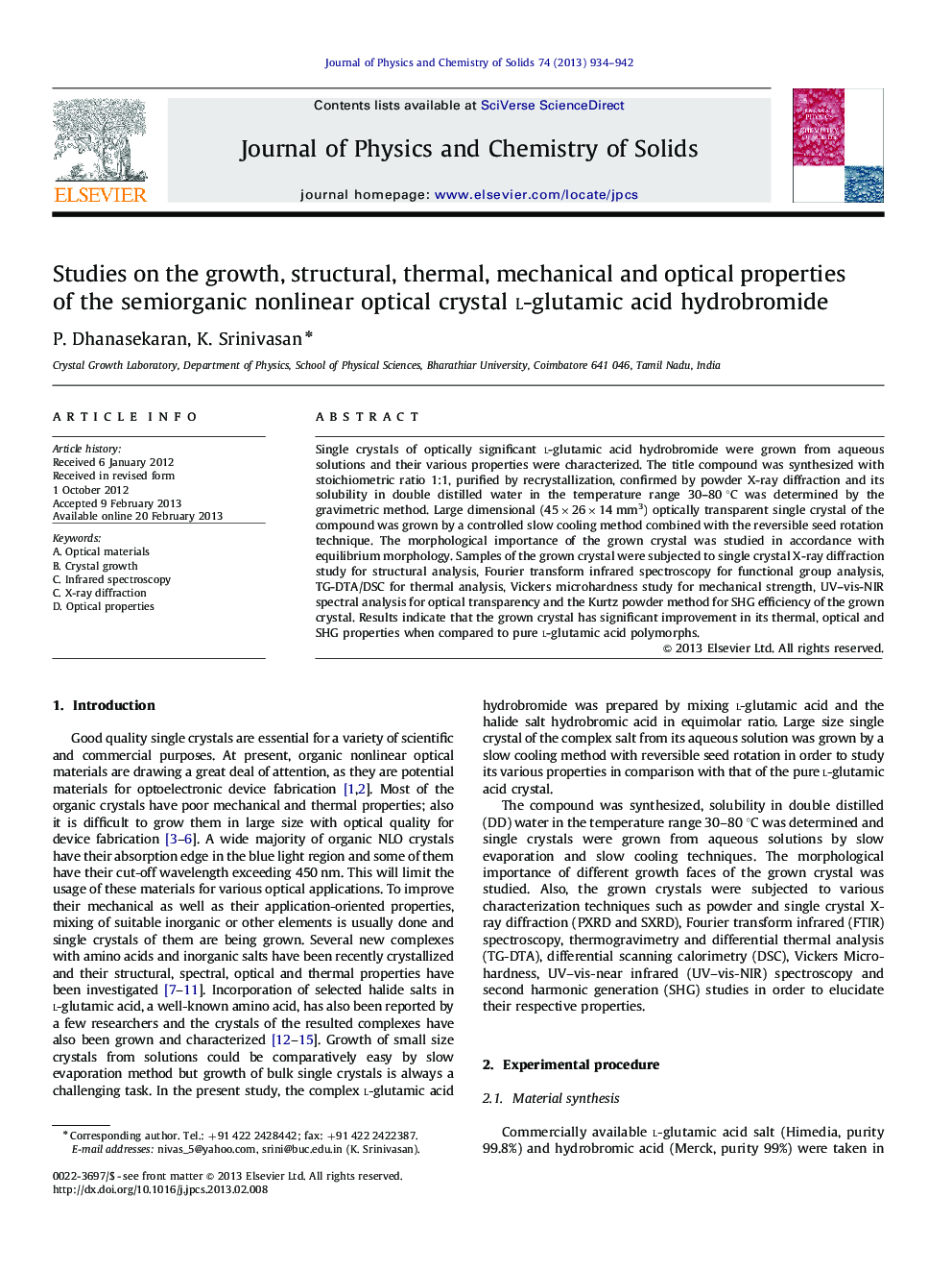 Studies on the growth, structural, thermal, mechanical and optical properties of the semiorganic nonlinear optical crystal l-glutamic acid hydrobromide