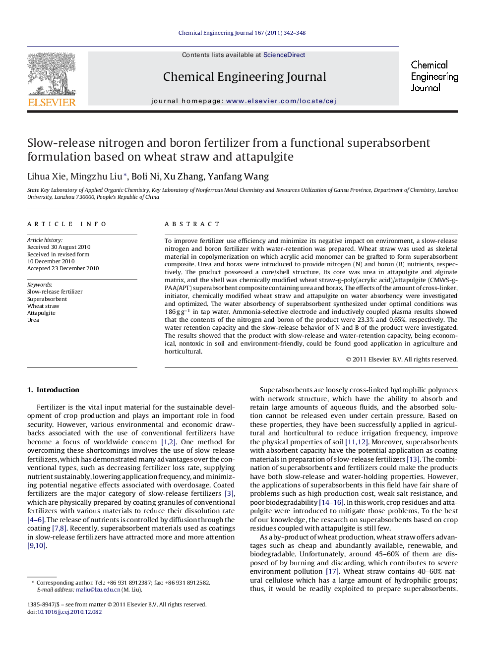 Slow-release nitrogen and boron fertilizer from a functional superabsorbent formulation based on wheat straw and attapulgite