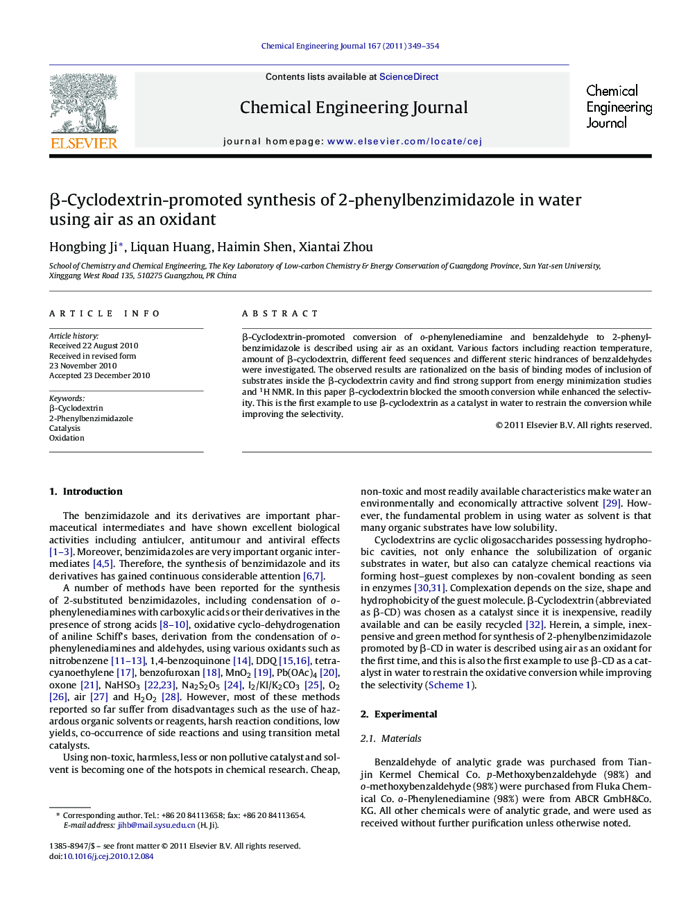 عکس صفحه اول مقاله: β-Cyclodextrin-promoted synthesis of 2-phenylbenzimidazole in water using air as an oxidant β-Cyclodextrin-promoted synthesis of 2-phenylbenzimidazole in water using air as an oxidant