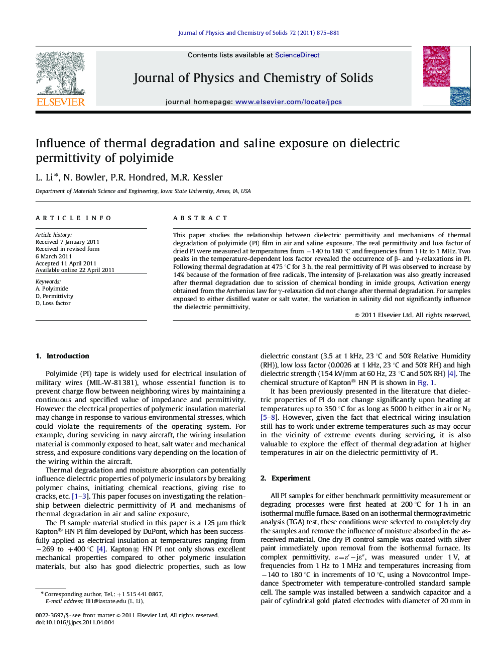 Influence of thermal degradation and saline exposure on dielectric permittivity of polyimide