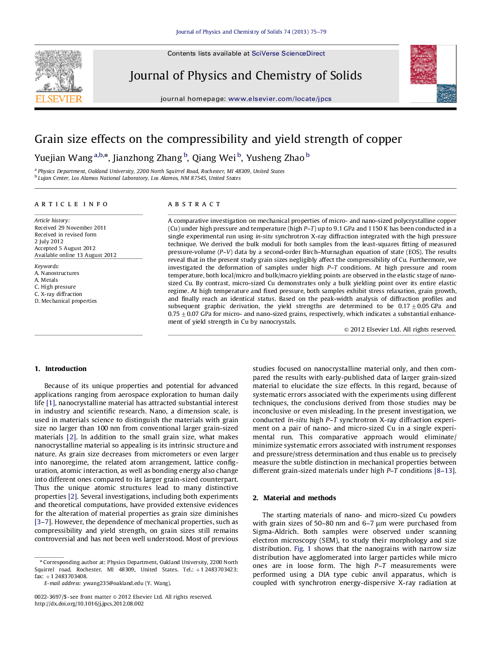 Grain size effects on the compressibility and yield strength of copper