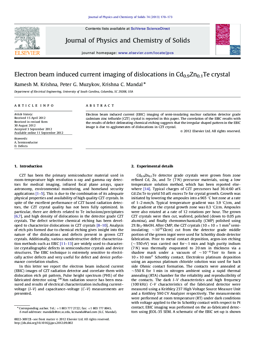 Electron beam induced current imaging of dislocations in Cd0.9Zn0.1Te crystal