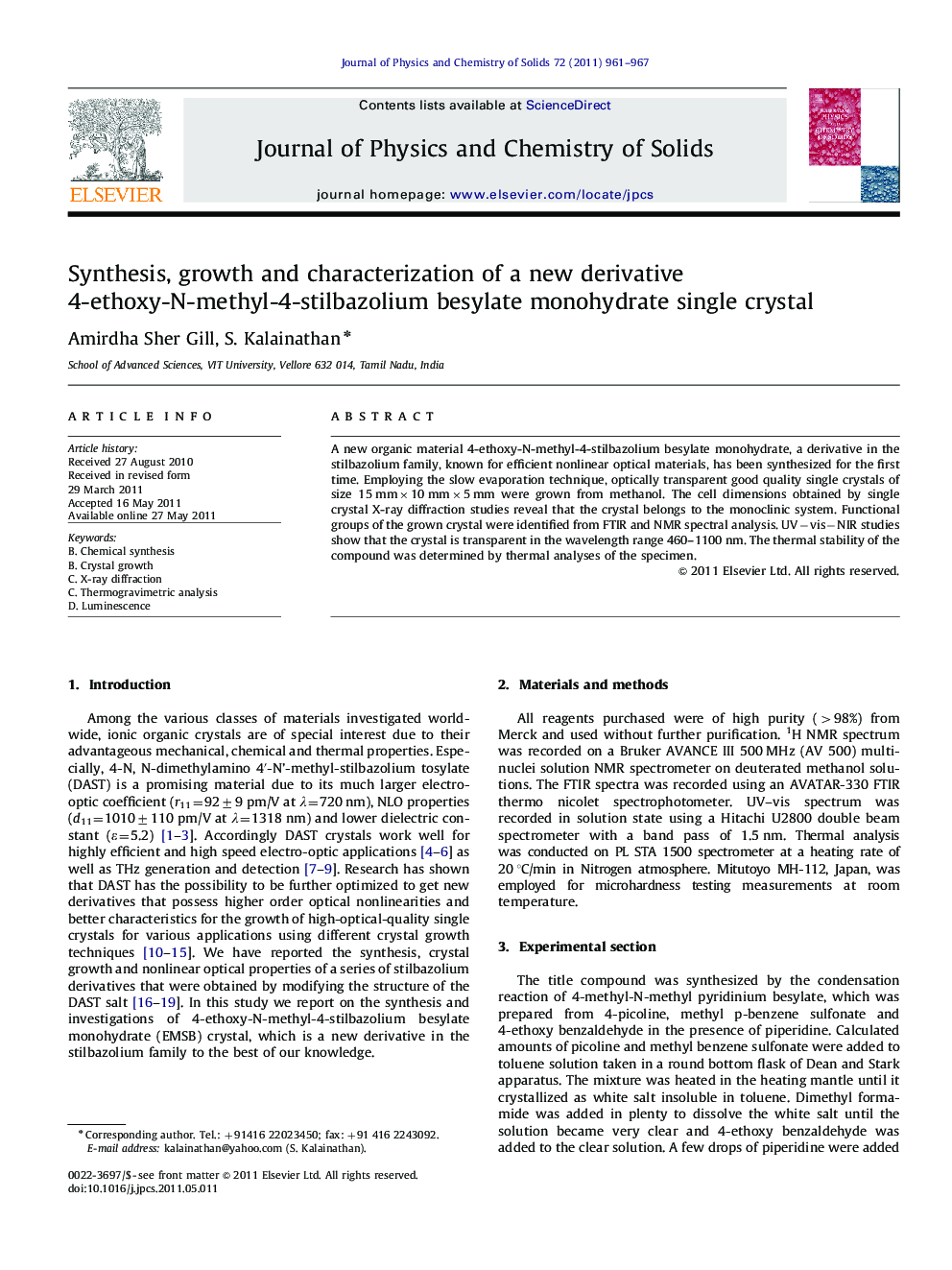 عکس صفحه اول مقاله: Synthesis, growth and characterization of a new derivative 4-ethoxy-N-methyl-4-stilbazolium besylate monohydrate single crystal Synthesis, growth and characterization of a new derivative 4-ethoxy-N-methyl-4-stilbazolium besylate monohydrate single crystal