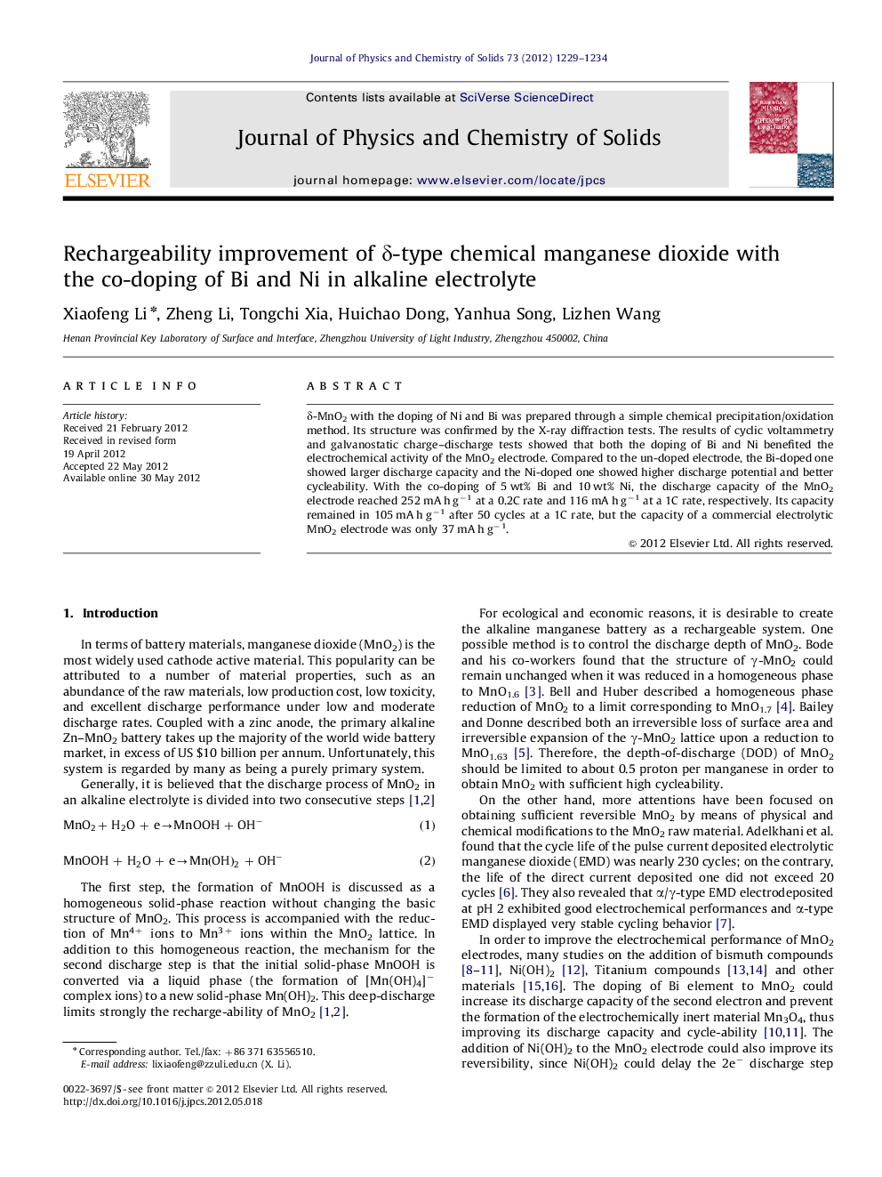Rechargeability improvement of δ-type chemical manganese dioxide with the co-doping of Bi and Ni in alkaline electrolyte