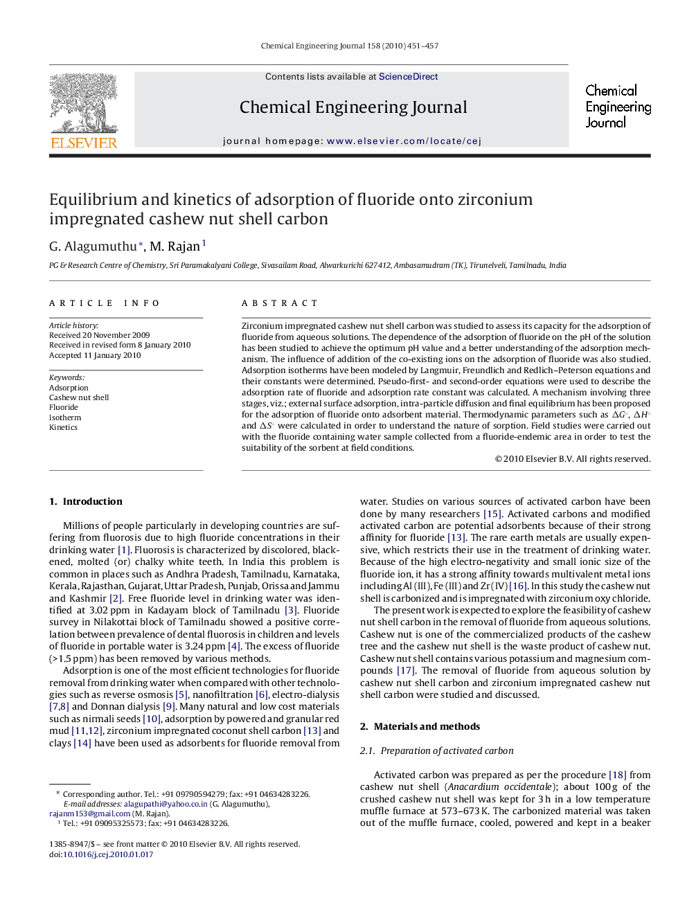 Equilibrium and kinetics of adsorption of fluoride onto zirconium impregnated cashew nut shell carbon