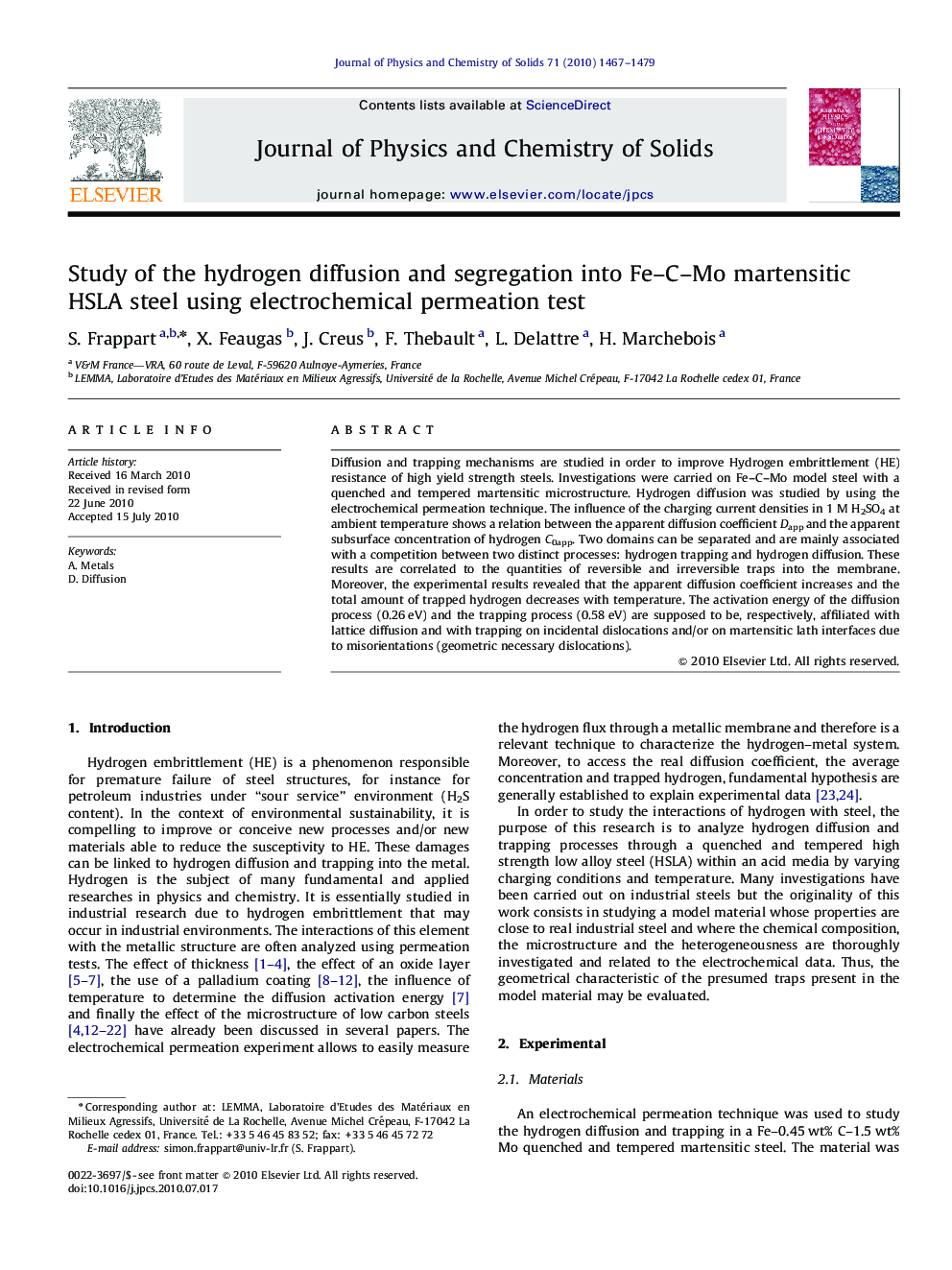 عکس صفحه اول مقاله: Study of the hydrogen diffusion and segregation into Fe–C–Mo martensitic HSLA steel using electrochemical permeation test Study of the hydrogen diffusion and segregation into Fe–C–Mo martensitic HSLA steel using electrochemical permeation test