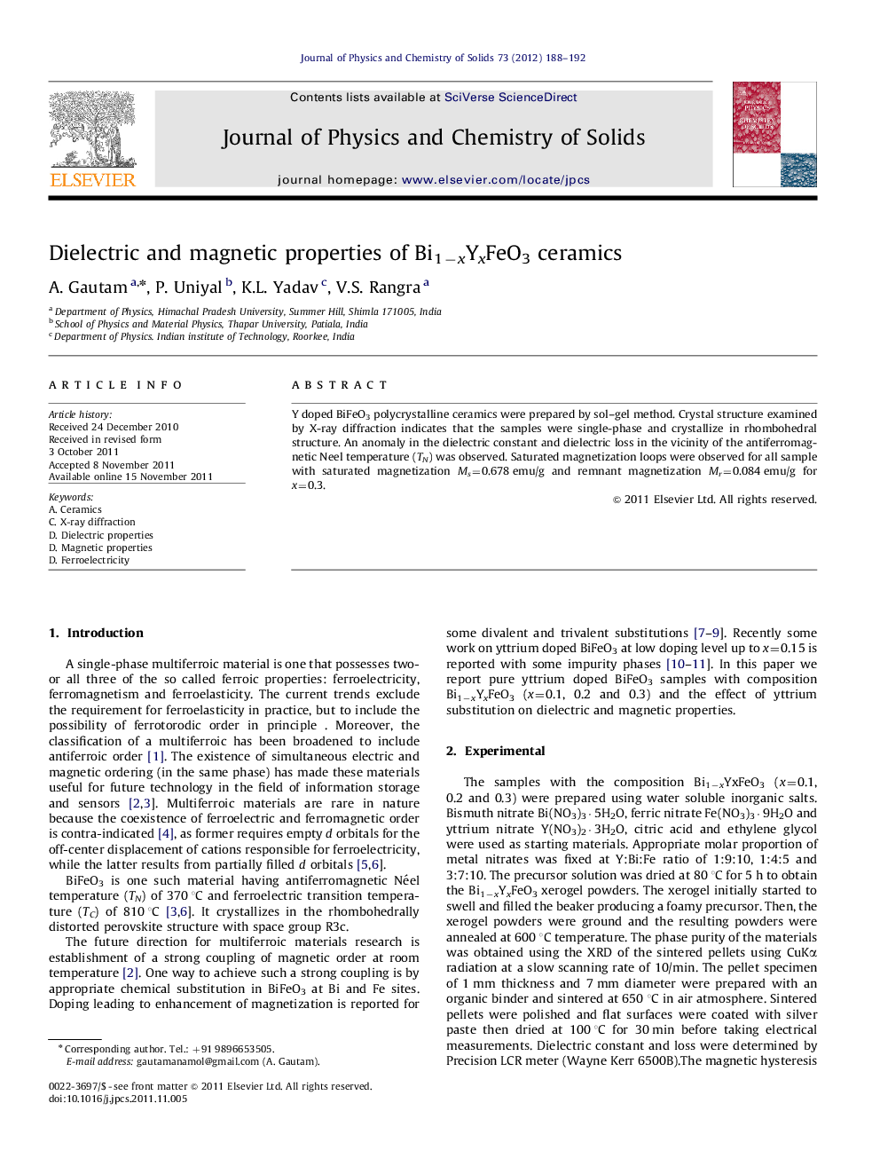 Dielectric and magnetic properties of Bi1âxYxFeO3 ceramics