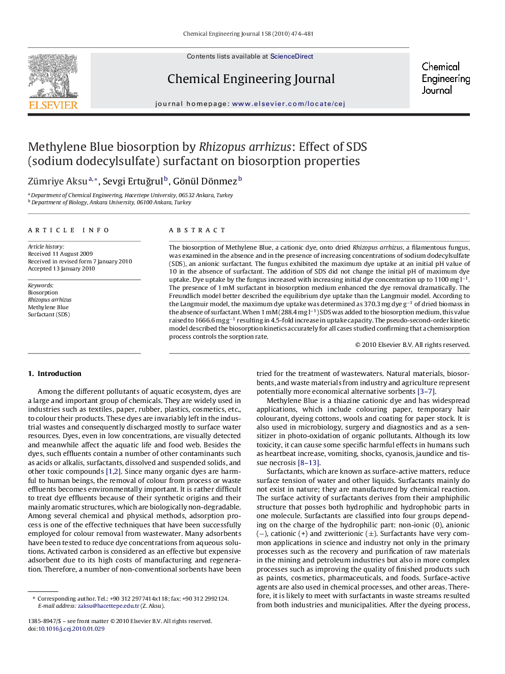 عکس صفحه اول مقاله: Methylene Blue biosorption by Rhizopus arrhizus: Effect of SDS (sodium dodecylsulfate) surfactant on biosorption properties Methylene Blue biosorption by Rhizopus arrhizus: Effect of SDS (sodium dodecylsulfate) surfactant on biosorption properties