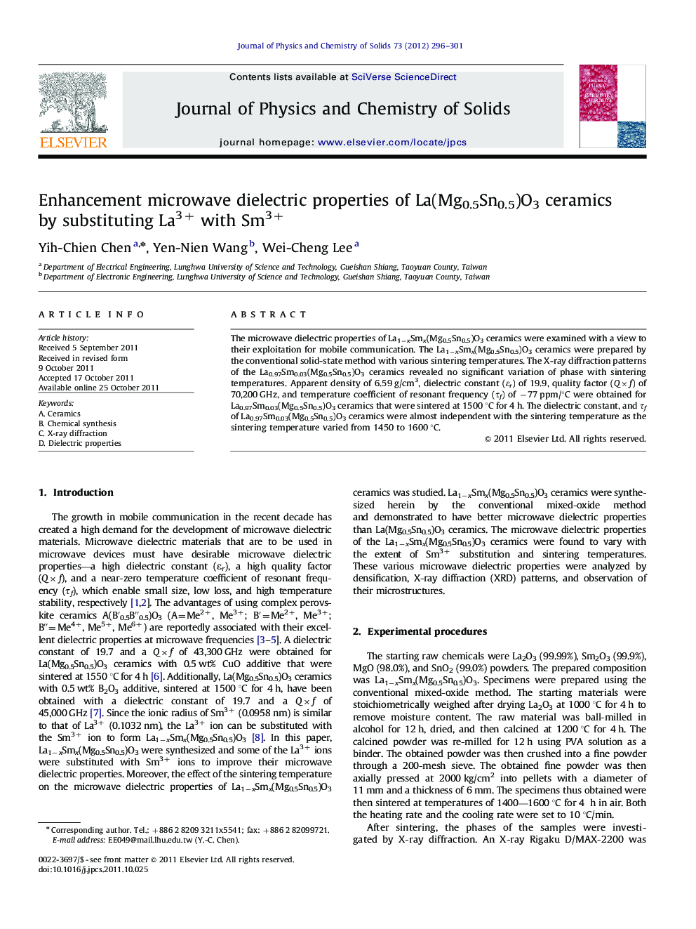 Enhancement microwave dielectric properties of La(Mg0.5Sn0.5)O3 ceramics by substituting La3+ with Sm3+