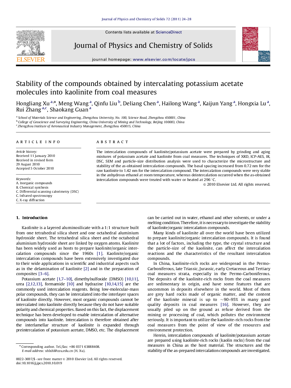 Stability of the compounds obtained by intercalating potassium acetate molecules into kaolinite from coal measures