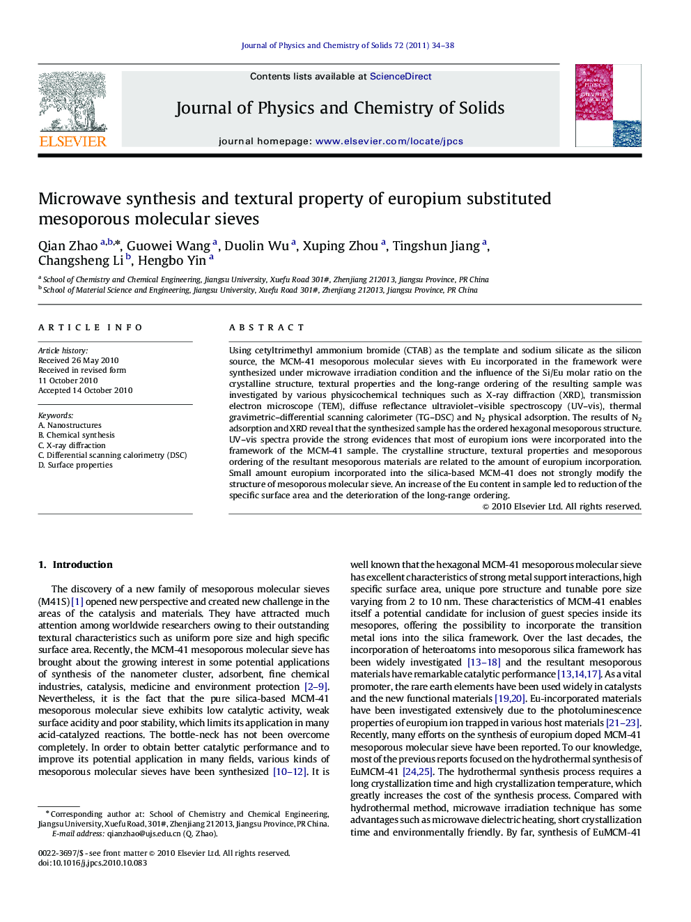 Microwave synthesis and textural property of europium substituted mesoporous molecular sieves