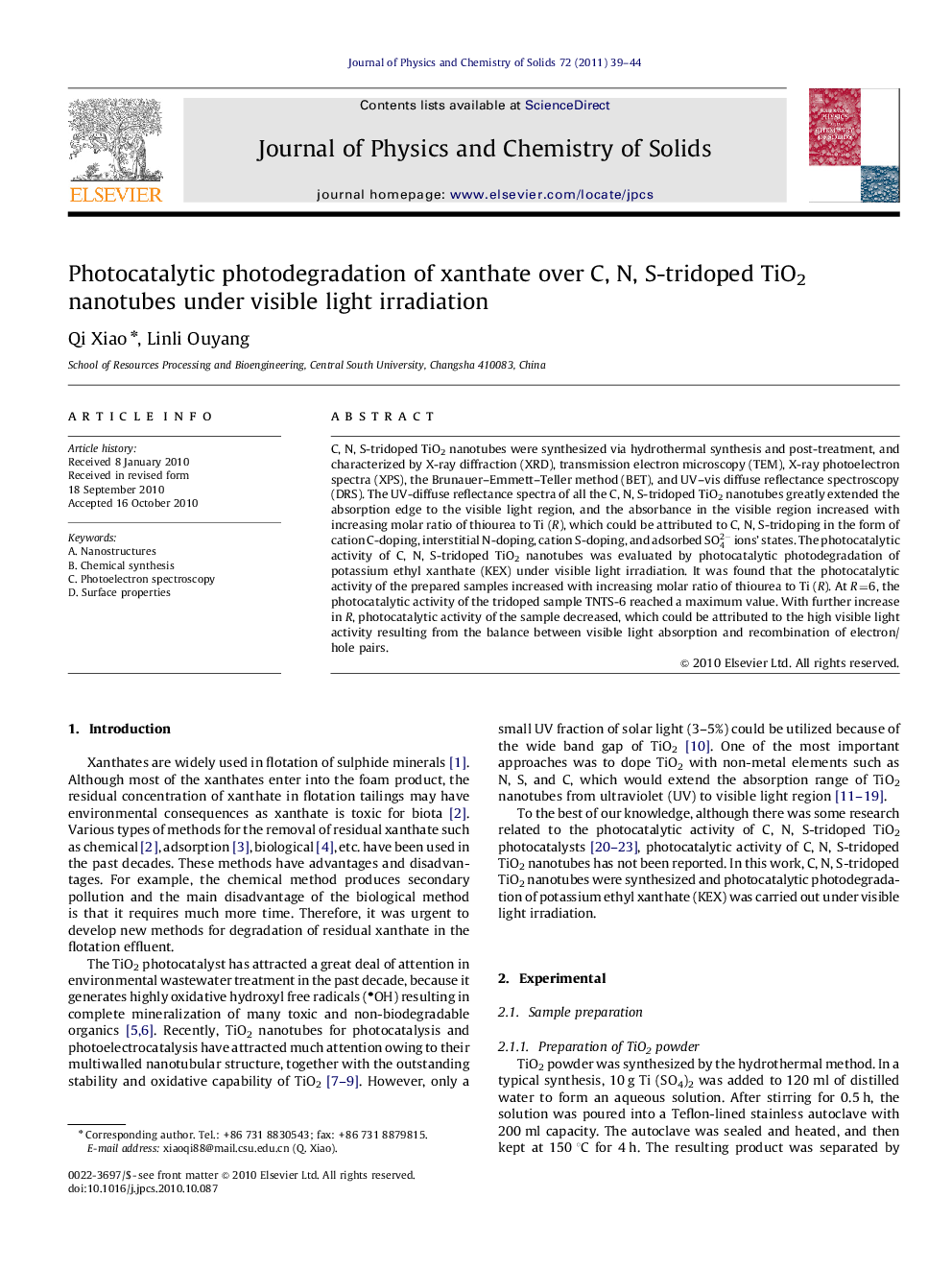 Photocatalytic photodegradation of xanthate over C, N, S-tridoped TiO2 nanotubes under visible light irradiation