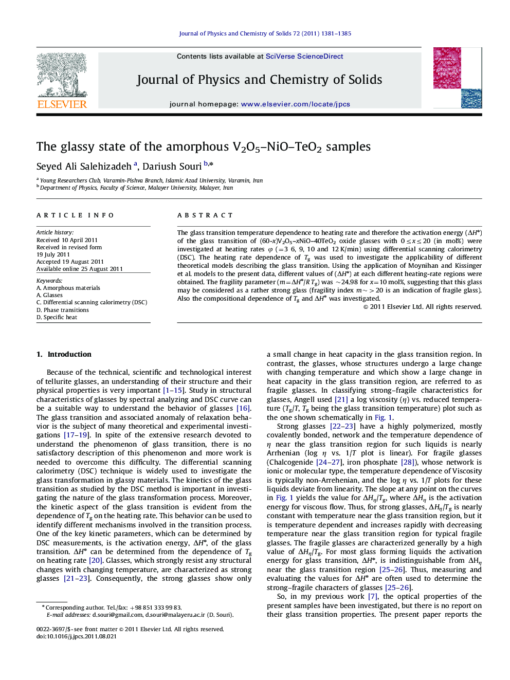 The glassy state of the amorphous V2O5-NiO-TeO2 samples