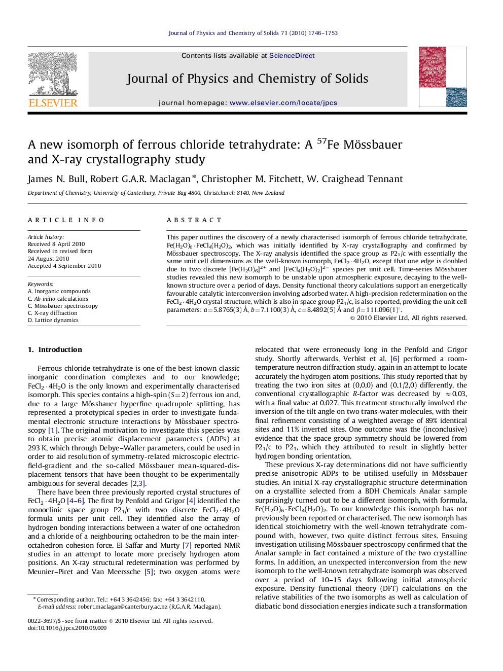 A new isomorph of ferrous chloride tetrahydrate: A 57Fe Mössbauer and X-ray crystallography study