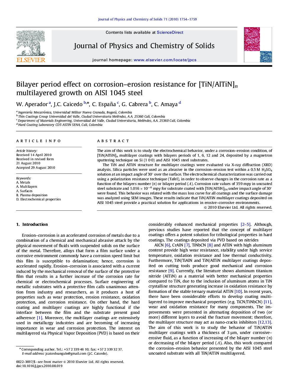 Bilayer period effect on corrosion–erosion resistance for [TiN/AlTiN]n multilayered growth on AISI 1045 steel