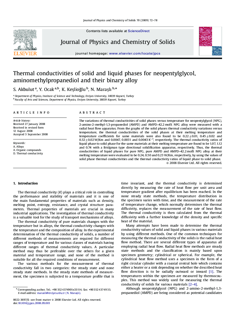 Thermal conductivities of solid and liquid phases for neopentylglycol, aminomethylpropanediol and their binary alloy