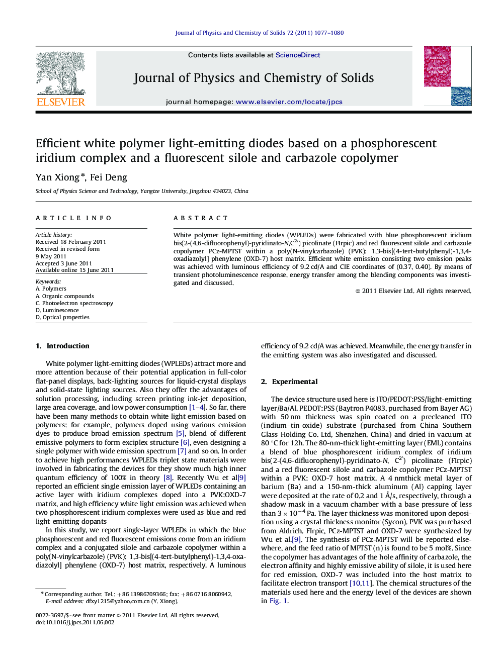 Efficient white polymer light-emitting diodes based on a phosphorescent iridium complex and a fluorescent silole and carbazole copolymer