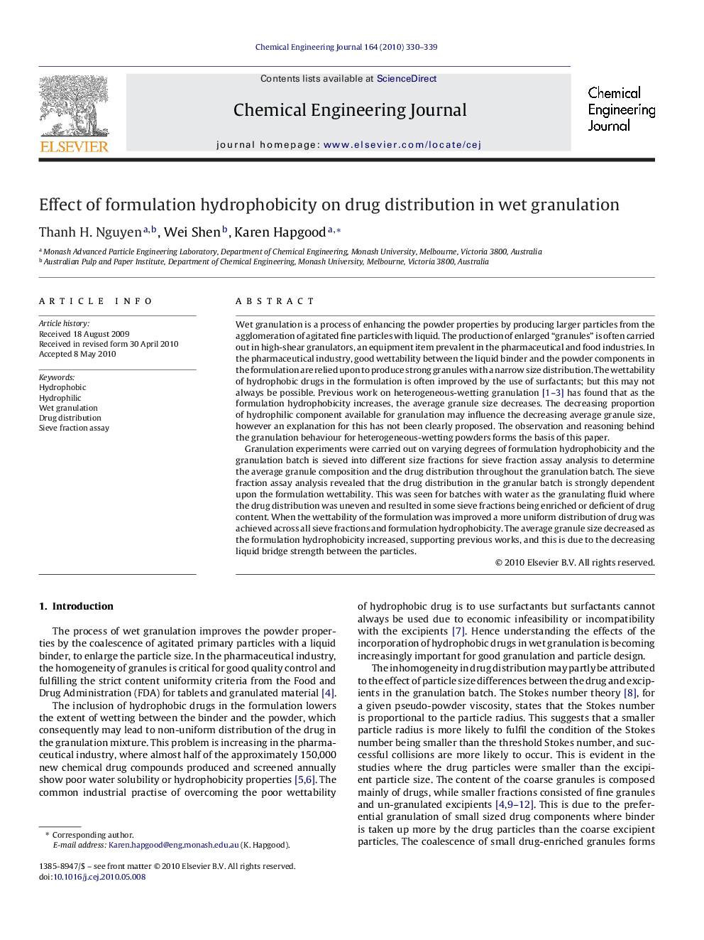 عکس صفحه اول مقاله: Effect of formulation hydrophobicity on drug distribution in wet granulation Effect of formulation hydrophobicity on drug distribution in wet granulation