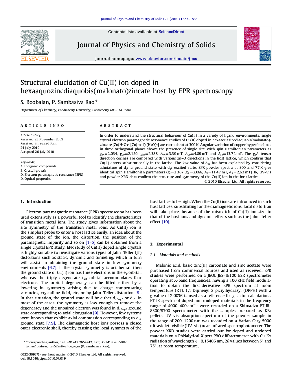 Structural elucidation of Cu(II) ion doped in hexaaquozincdiaquobis(malonato)zincate host by EPR spectroscopy