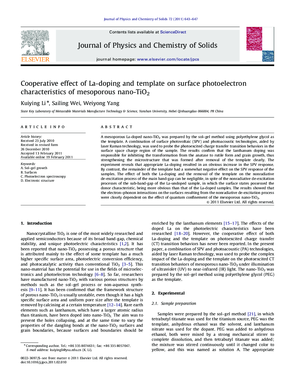 Cooperative effect of La-doping and template on surface photoelectron characteristics of mesoporous nano-TiO2