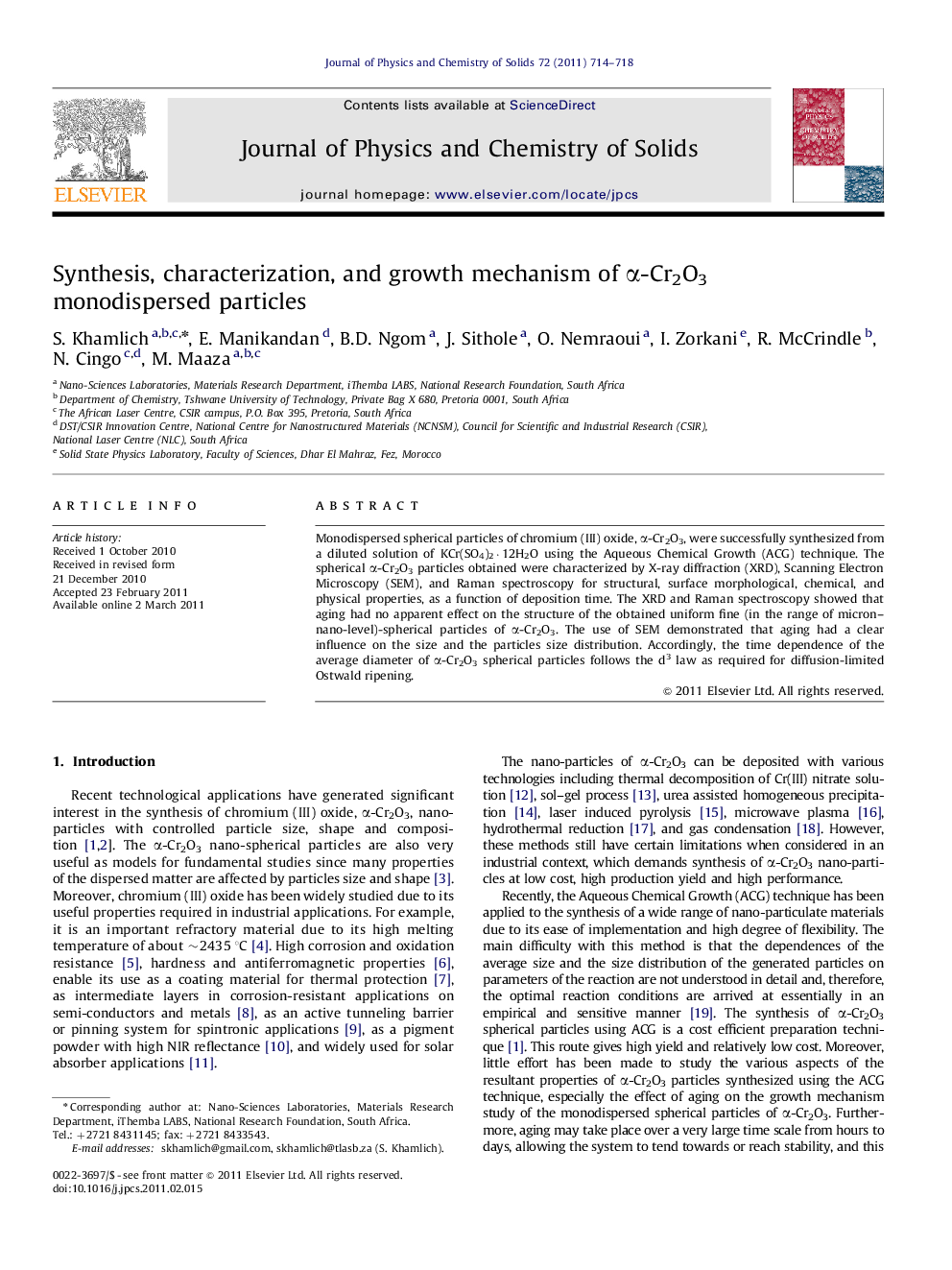 Synthesis, characterization, and growth mechanism of α-Cr2O3 monodispersed particles