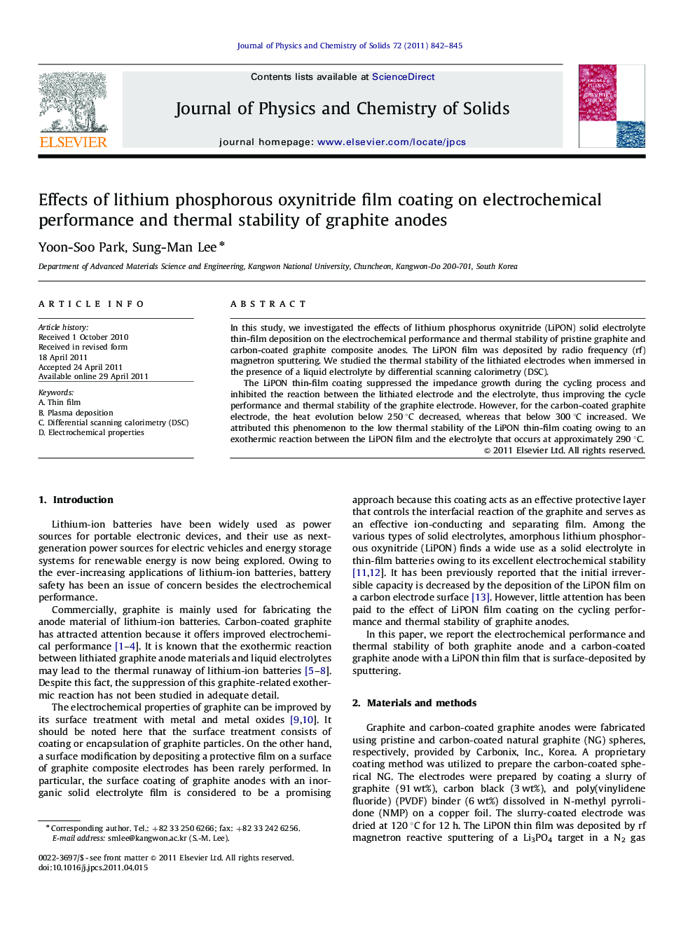 Effects of lithium phosphorous oxynitride film coating on electrochemical performance and thermal stability of graphite anodes