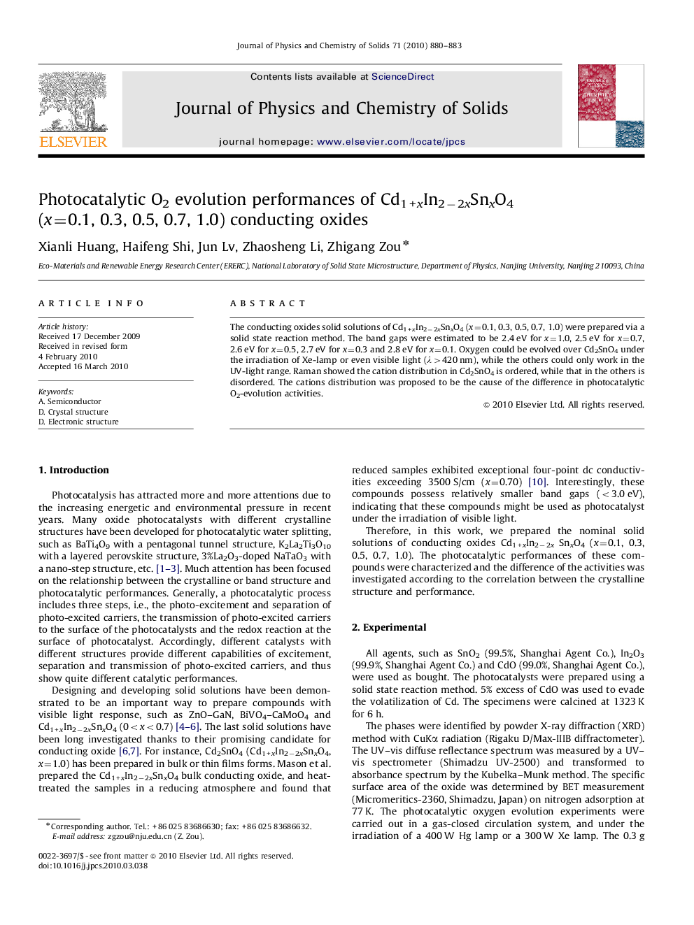 Photocatalytic O2 evolution performances of Cd1+xIn2−2xSnxO4 (x=0.1, 0.3, 0.5, 0.7, 1.0) conducting oxides